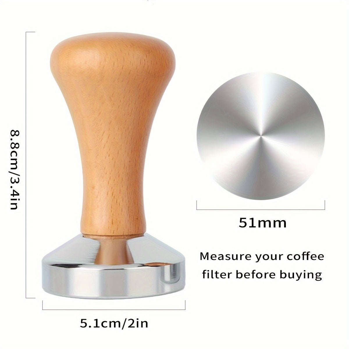 High-Quality Espresso Tamper with Wooden Handle - Available in 51/53/58mm Sizes, Featuring a Flat Bottom Design for Precise Tamping, Made of Rust-Proof Steel, Perfect for Baristas and Home Brewers, Handcrafted Tamper for Coffee Grounds, Essential