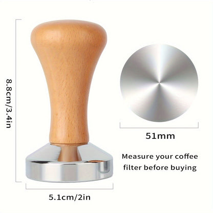 High-Quality Espresso Tamper with Wooden Handle - Available in 51/53/58mm Sizes, Featuring a Flat Bottom Design for Precise Tamping, Made of Rust-Proof Steel, Perfect for Baristas and Home Brewers, Handcrafted Tamper for Coffee Grounds, Essential