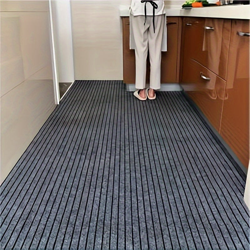 Household mat in gray stripes, designed to prevent slipping and repel dust and stains. Suitable for indoor, kitchen, and bedroom use. Can be cut to size with options available in various dimensions (101.6cm x 152.4cm, 127.0cm x 203.2cm, 114.3cm x 3.05m