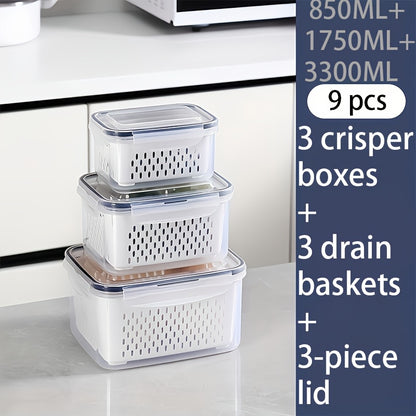 9-piece BPA-free plastic food storage set with drain baskets and lids for fruits, vegetables, and food. Leak-proof, freezer-safe, and reusable.