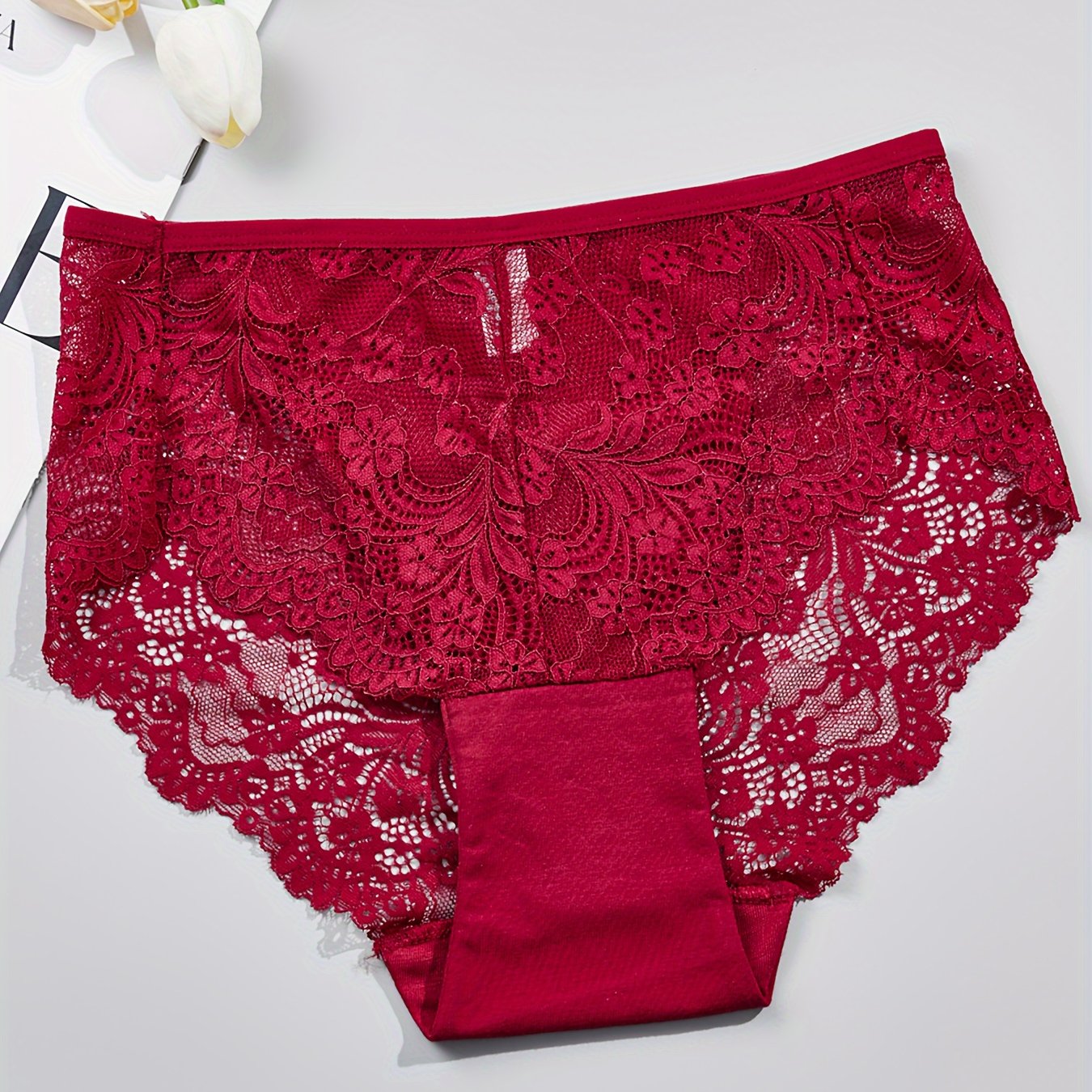 1 pair of women's lace-trimmed brief panties made from soft, breathable nylon blend for everyday wear, sleep, dates, and light sports. Cute and semi-transparent design.