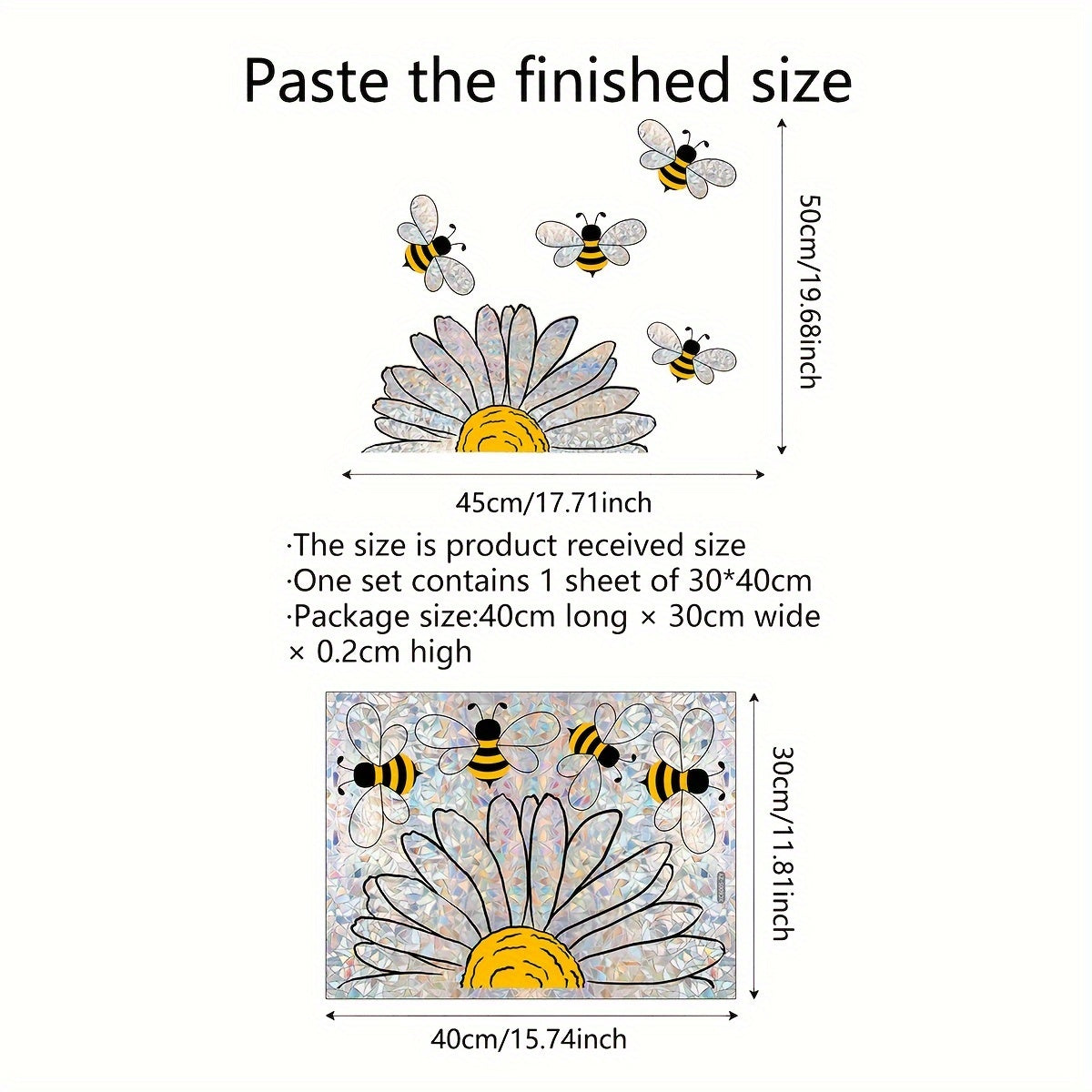 Bring a touch of spring to your home with this Sunflower & Bee Window Cling! Measuring 30.48cm x 40.64cm, this reusable electrostatic glass decal features double-sided colorful designs that make perfect home decor accents.