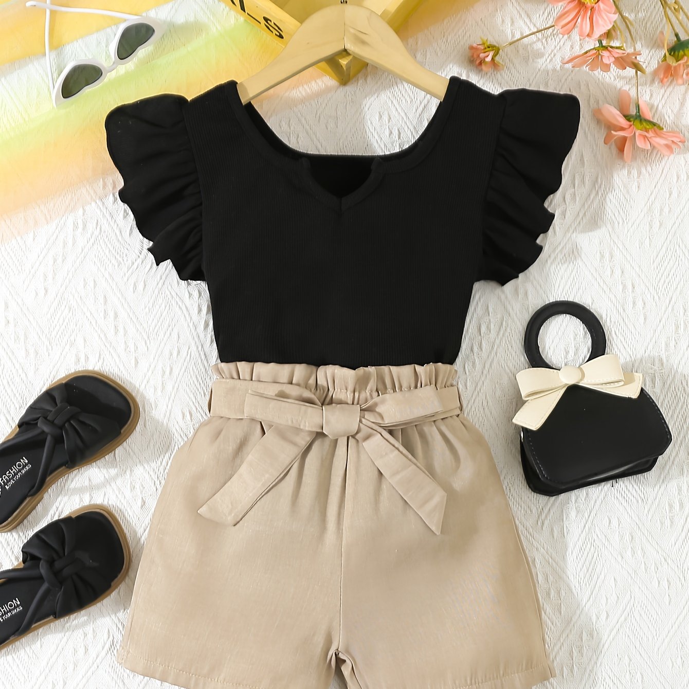 Wood Ear Side Flying Sleeve Top with Fashion Belt Shorts for Girls, Ideal for Outdoor Wear