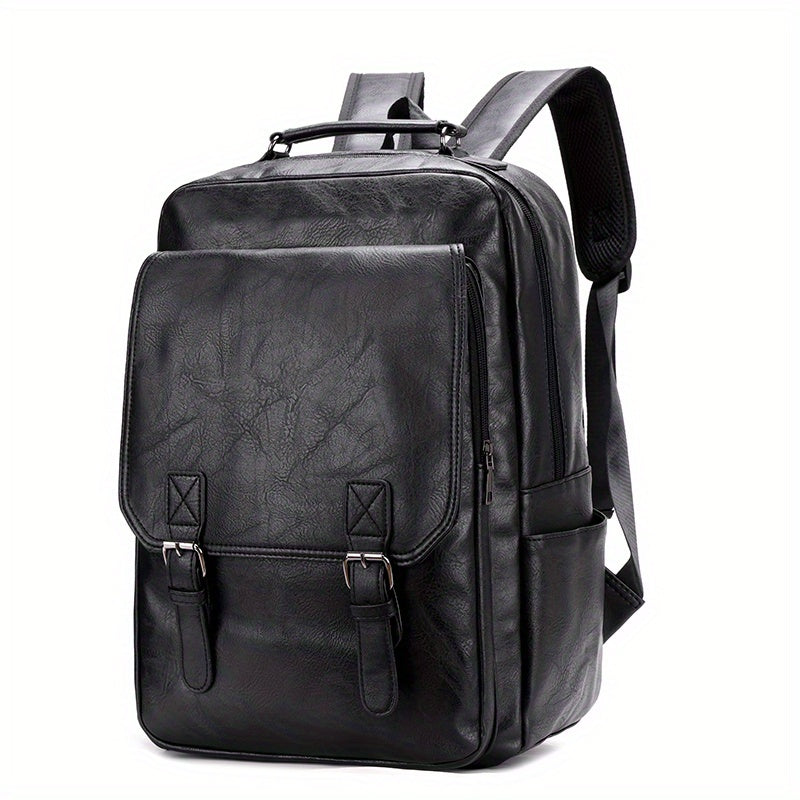 Men's fashion laptop backpack in black, with faux leather soft shell, TSA-compliant, waterproof, magnetic closure, holds 15.6-inch notebook.