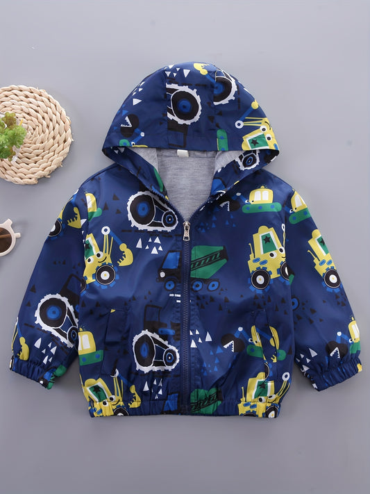 Gray Excavator Print Kids Hooded Jacket for Girls and Boys