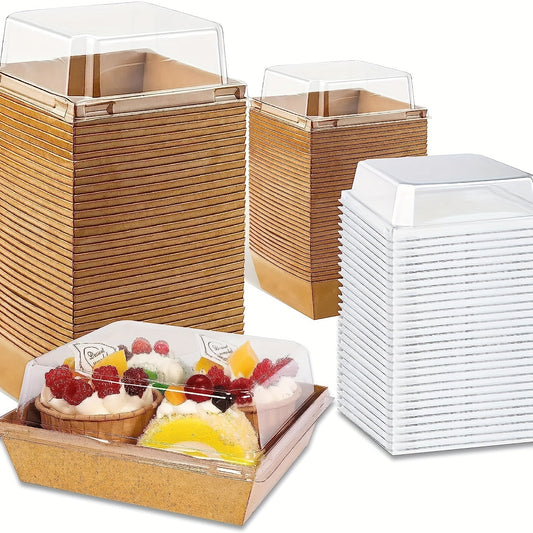 Fifty paper charcuterie boxes with clear lids, perfect for serving slices of cake, deli items, sandwiches, cookies, hot cocoa, strawberries, donuts, and other baked goods at picnics or to take out from the bakery.