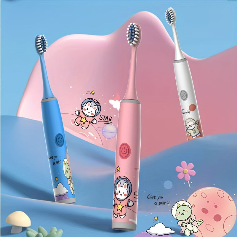 2 Electric Toothbrushes with 12 Brush Heads, Cartoon Space Series, Battery Powered for 3-13 year olds, Gentle Bristles, 2min Timer, Tooth Protection, Gift