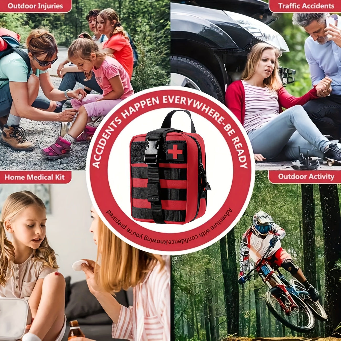 205-piece universal first aid kit suitable for various settings such as home, school, outdoor activities, hiking, car travel, and camping. Contains quick response first aid essentials