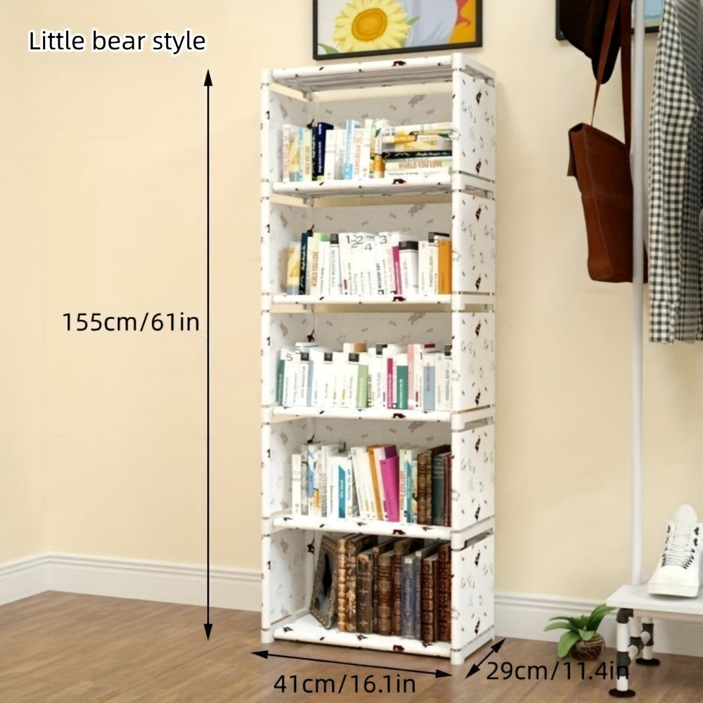 This versatile 5-layer bookshelf unit combines storage racks and vertical cabinets, perfect for organizing your bedroom or living room. Display books, dolls, figures, and clothes with ease. Simplify your life with this convenient storage solution.