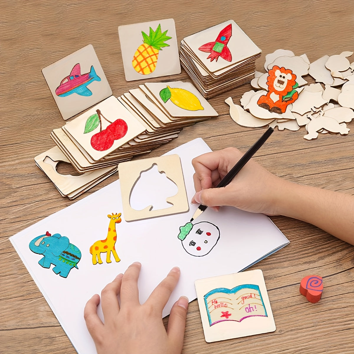 20pcs Wooden Hollow Painting Templates for Doodling and Coloring in Animal and Fruit Patterns. Perfect for Learning and as a Gift.