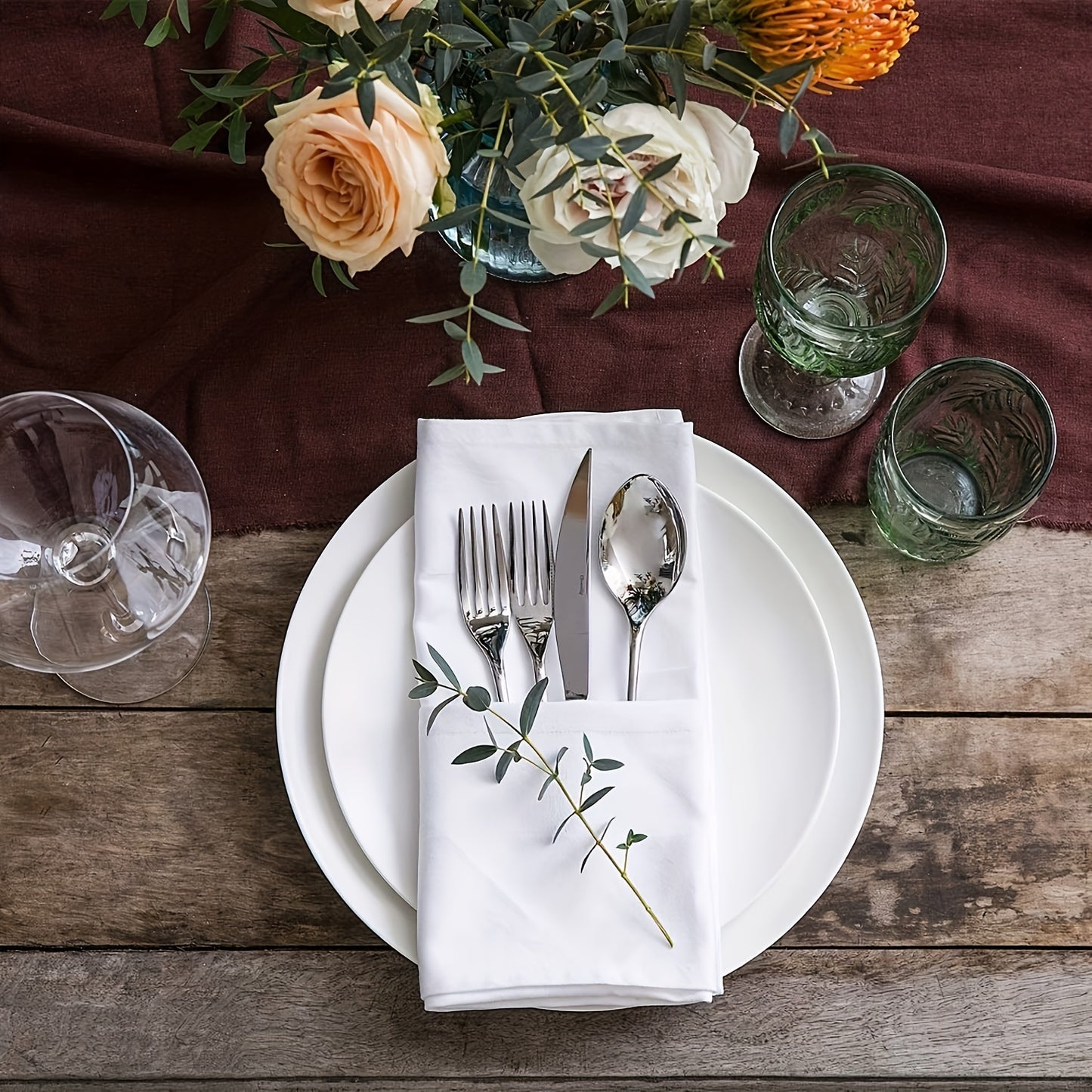 12 elegant white polyester cloth napkins, oversized, square, double folded with hemmed edges. Perfect for dining, restaurants, weddings, Thanksgiving & Christmas. Smooth texture, easy to care for.