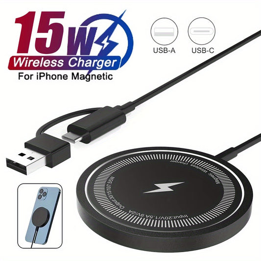 Fast-charging wireless charger pad for iPhone and Airpods, MagSafe compatible with dual input USB-C/A, sleek black design.