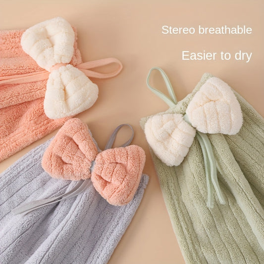 Cute Bow-Adorned Coral Fleece Fingertip Towel - Soft, Absorbent, Quick-Dry - Hanging Loop for Bathroom - Pastel Colors, 400gsm, Hand Wash Only