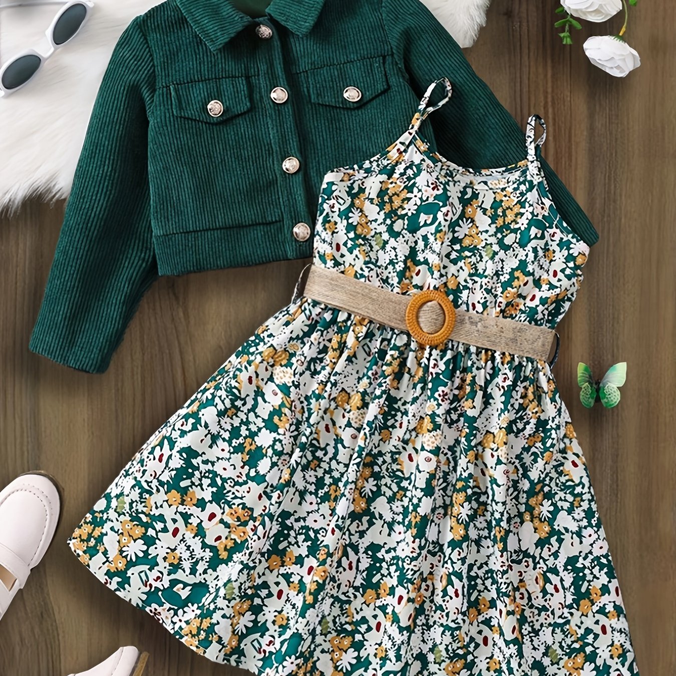 2PCS Girl's Stylish & Trendy Casual Outfit: Ribbed Corduroy Jacket, Floral Cami Dress, and Belt for Outdoor Spring & Fall Party.