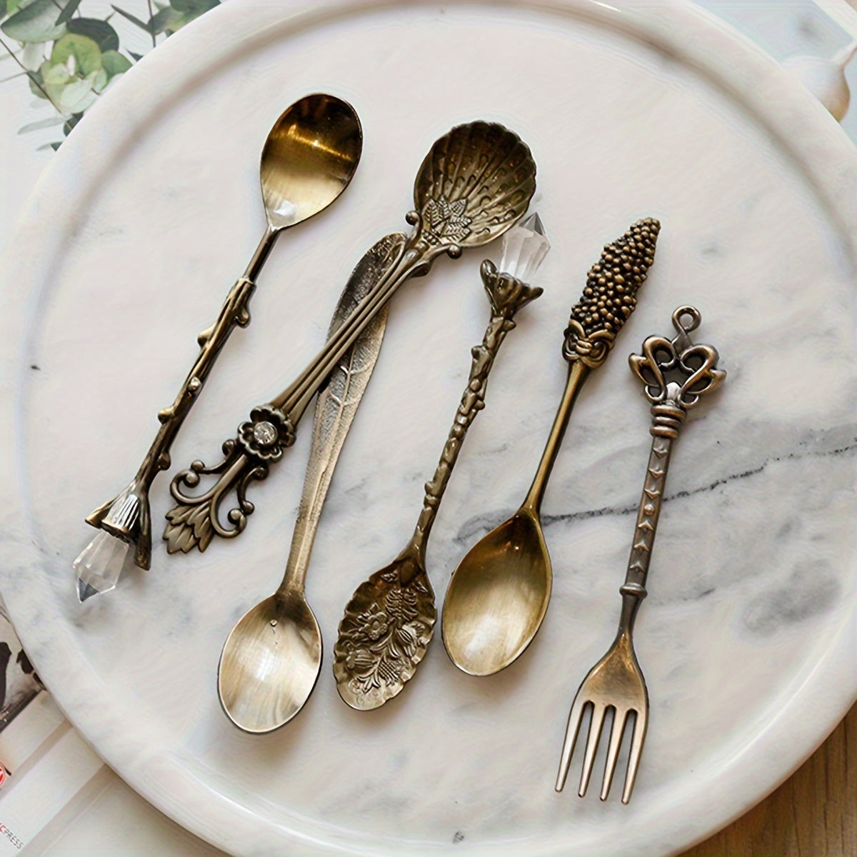 Set of 6 European golden vintage spoons for desserts and coffee, with carved fruit designs, ideal for kitchen, dining, and bar use.