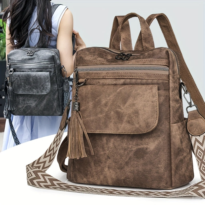 Retro brown women's fashion backpack with large capacity and versatile design, including multiple zippers. Can also be used as a crossbody or shoulder bag.