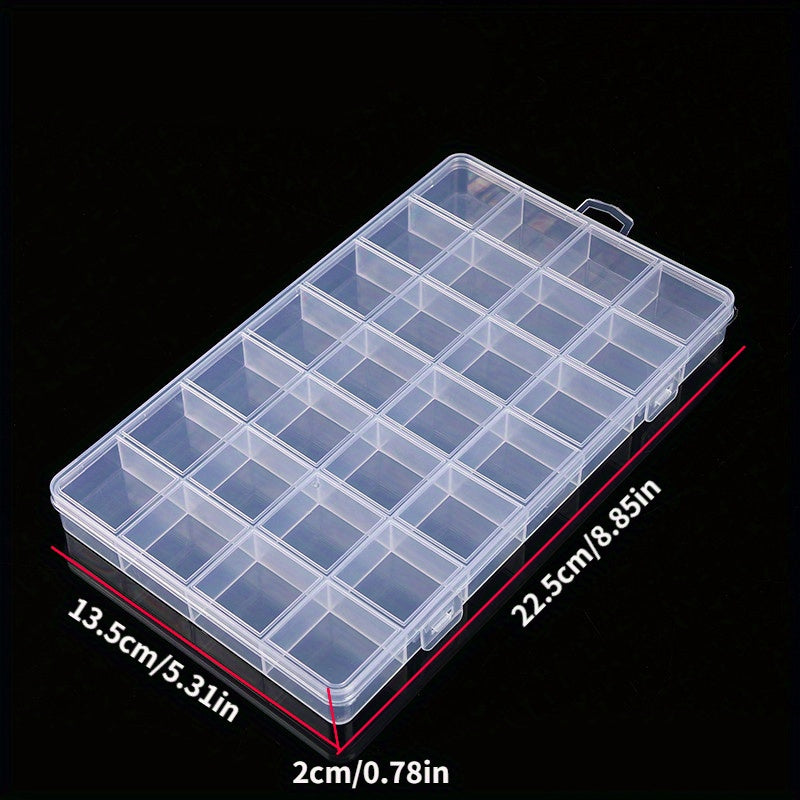 Rectangle plastic storage box with 28 compartments for jewelry, earrings, beads, and crafts.