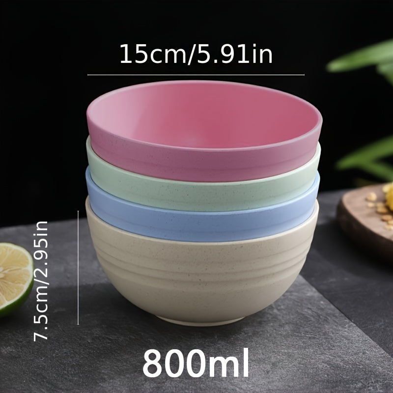 Set of 4 high-quality, unbreakable wheat straw bowls in pastel colors. Microwave and dishwasher safe, BPA-free, rust-resistant, ideal for home or office.