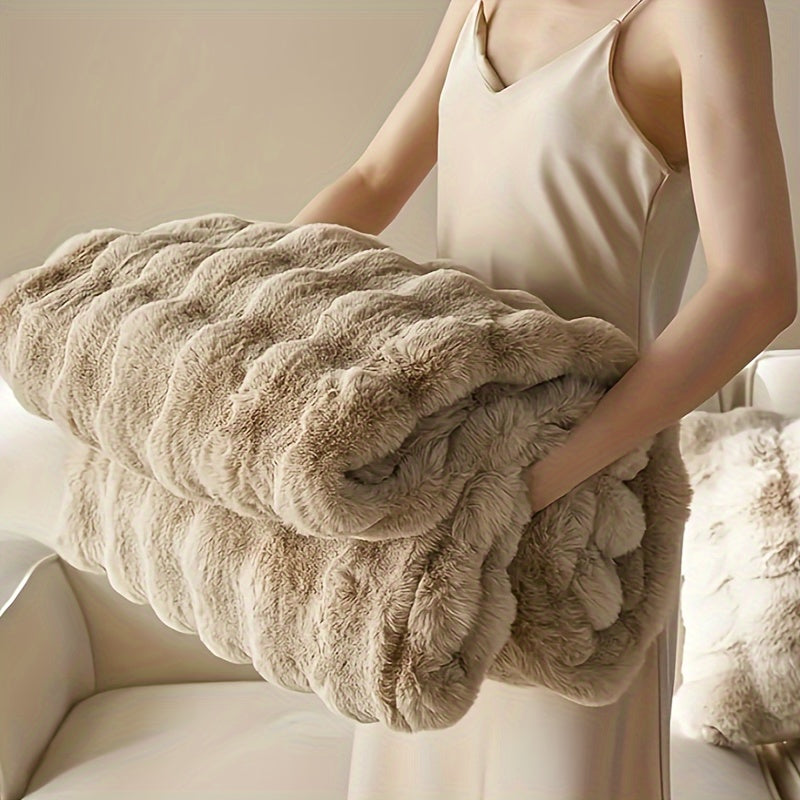 Soft and Cozy Plush Throw Blanket - Luxuriously Thick and Reversible Bubble Fleece Ideal for Travel, Sofa, Bed, and Home Decor - Easy Care, All-Season Comfort in White - Machine Washable.