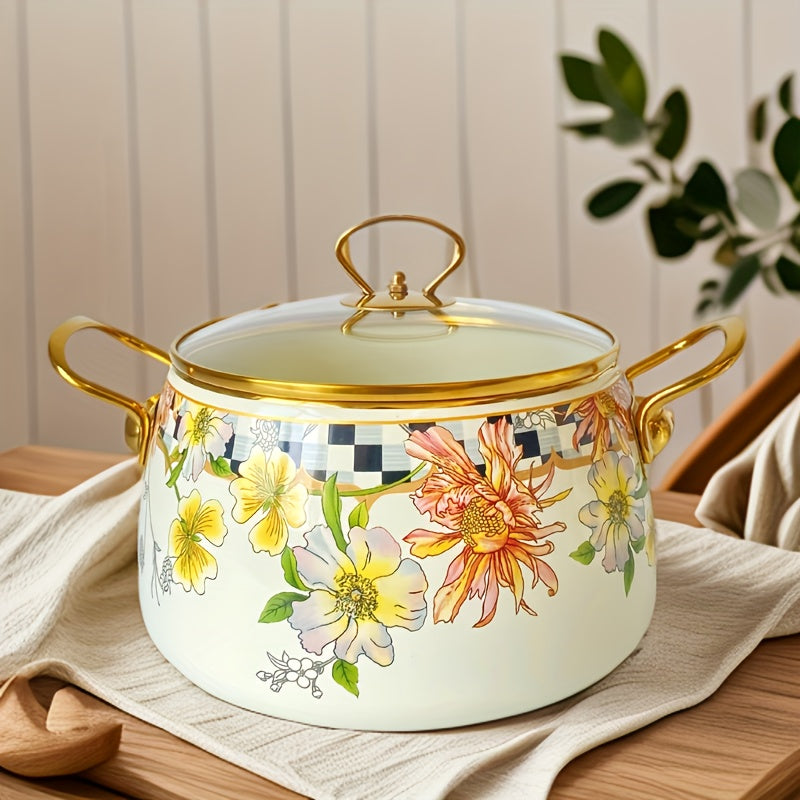 French Daisy Stockpot with Lid, featuring Enamel Coating and Induction Compatibility, adorned with a Beautiful Floral Design - No Electricity Required, making it Ideal for Cozy Fall Evenings.