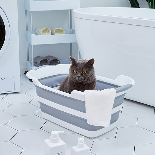 Pet bathtub that folds, perfect for laundry or bathing dogs and cats. Includes shower supplies.