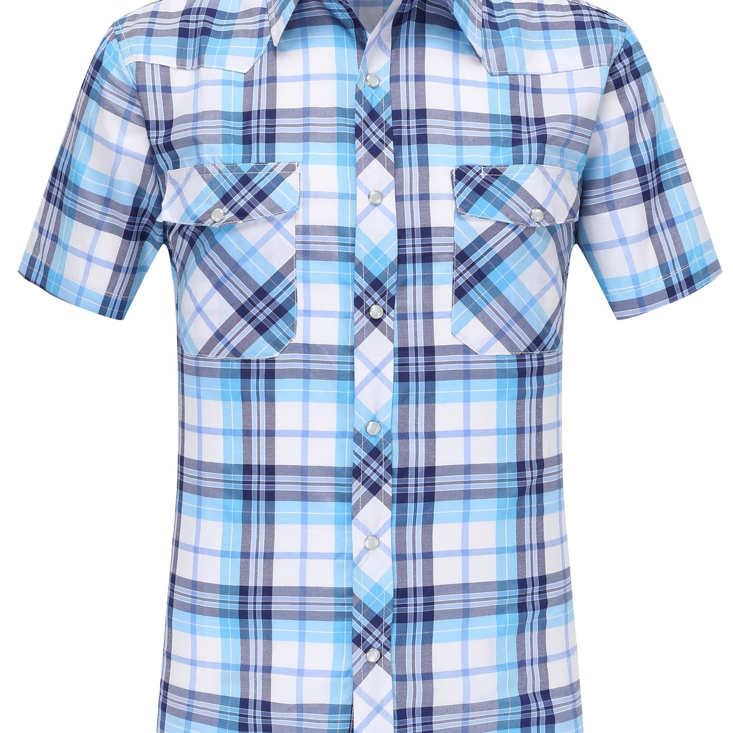 Men's Summer Casual Plaid Shirt, 94% Polyester 6% Cotton, Short Sleeve, Skinny Fit, Lapel Collar, Single Breasted, 2 Pockets with Pen Holder, Lightweight Fabric, Pearl Snap Buttons, Regular