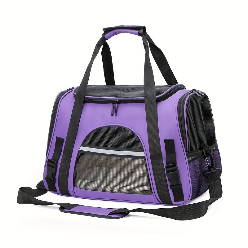 Portable pet bag with four-sided breathable design, includes fur mat, can be used on suitcase or as single shoulder pet bag. Collapsible and transparent, suitable for both cats and dogs.