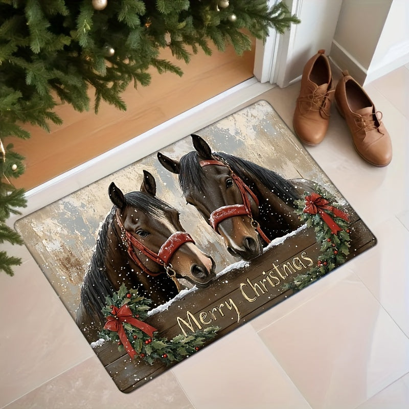 Festive Holiday Christmas Horse Doormat for Kitchen or Living Room - Non-Slip, Washable, Water-Resistant, Lightweight, Machine Made with Flat Woven Polyester and Low Pile Texture