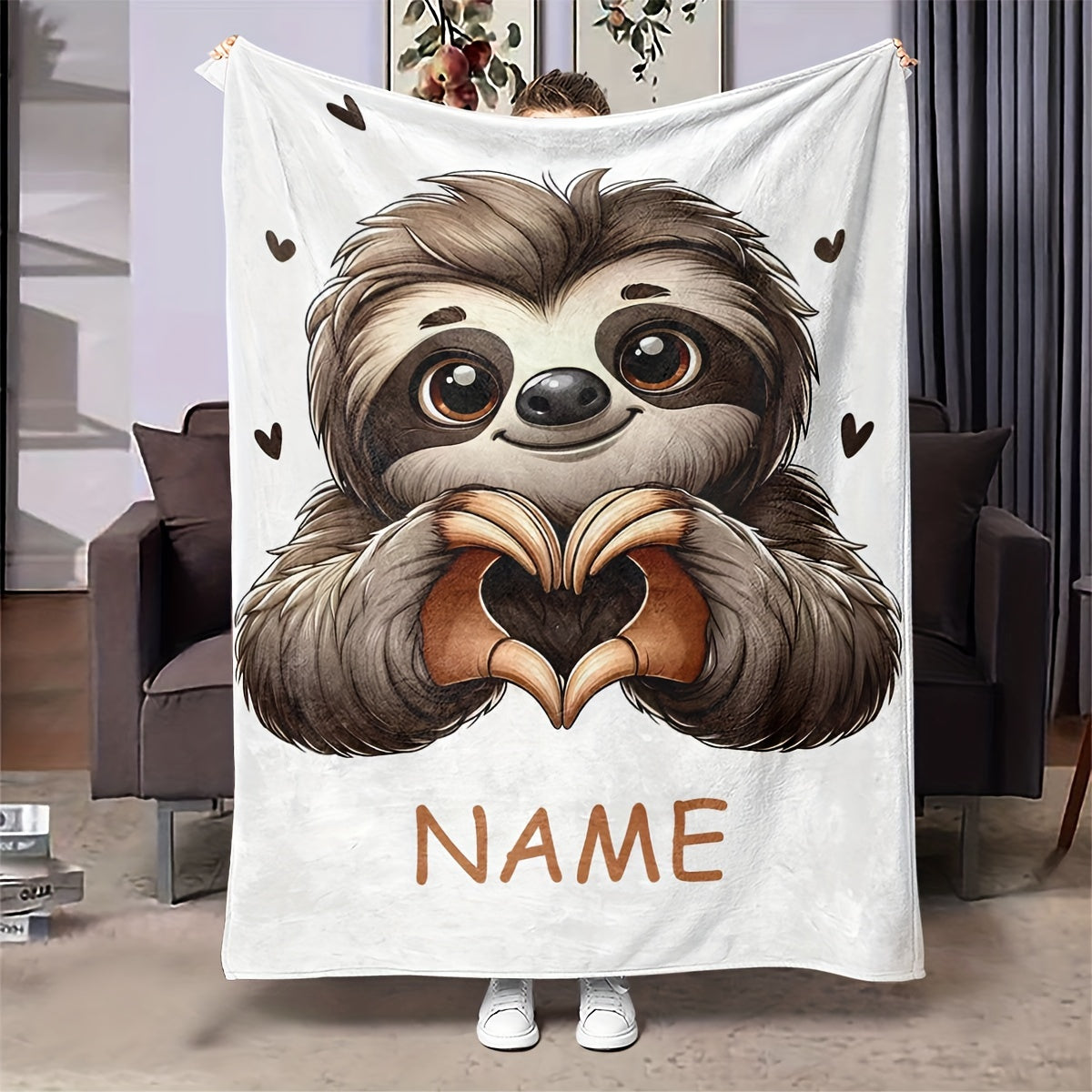 Personalized Sloth Heart Gesture Flannel Fleece Throw Blanket – Customizable Design for Home, Office, and Sofa – Skin-Friendly and Cozy Fabric – Quilted Blanket Suitable for All Seasons