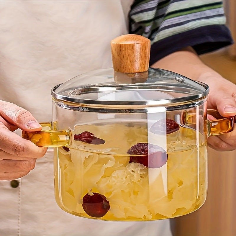 One-piece large capacity stew pot made from high borosilicate glass, perfect for cooking a variety of dishes such as soup, bread, curry and winter silver soup. Transparent design makes it suitable for household use.