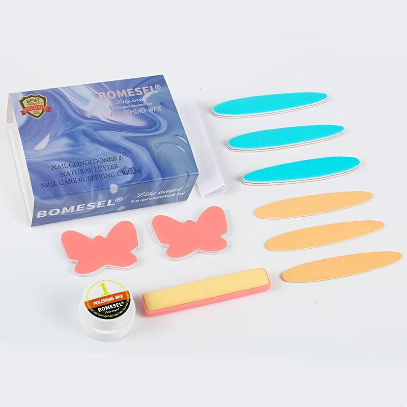 Set includes manicure tools for polishing nails.