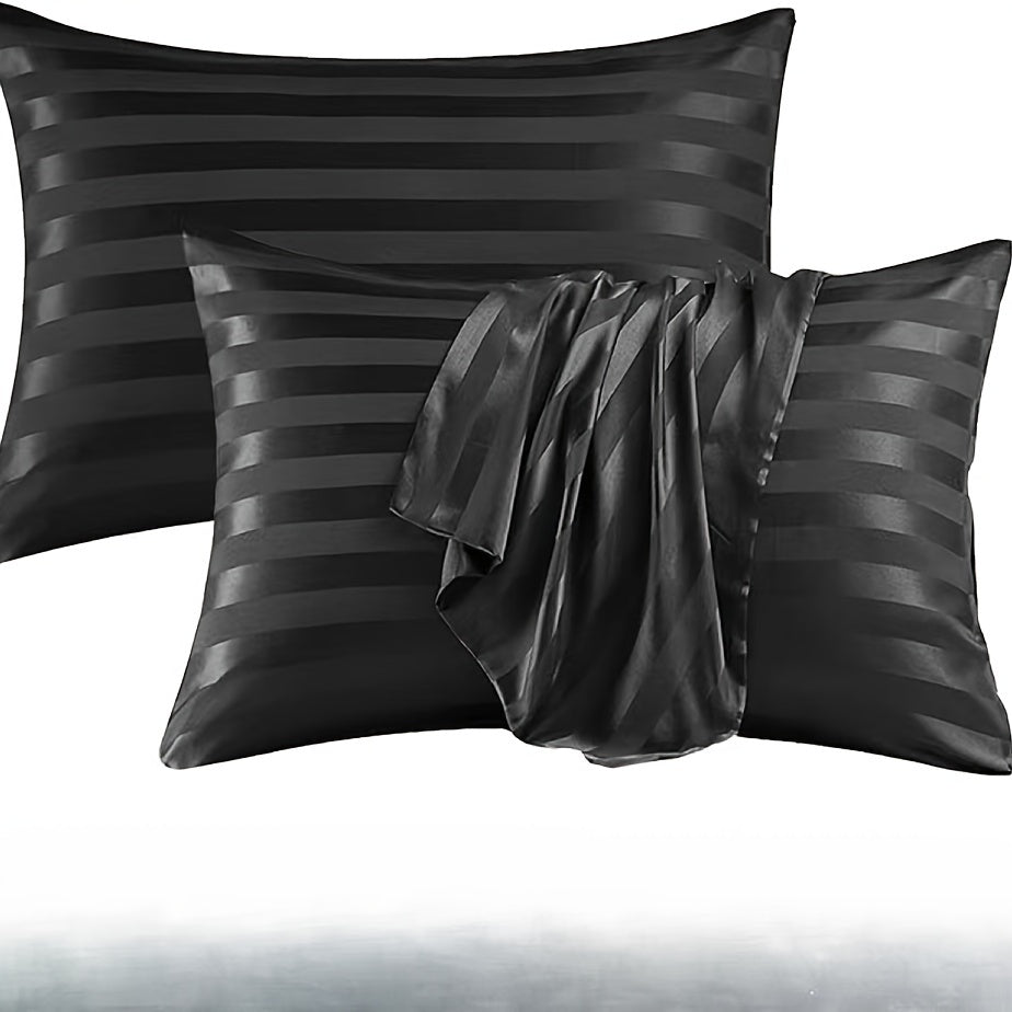 Set of 2 Satin Pillowcases with Envelope Closure, Striped Pattern, Machine Washable, Ultra-Soft Woven Fabric for Hair & Skin, Hotel Quality - 100% Polyester Pillow Covers with No Embellishment