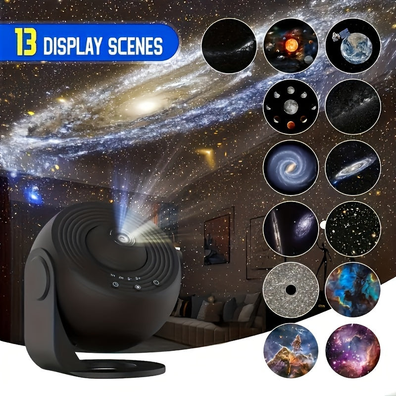 USB powered starry galaxy projector made of ABS material with tabletop mount, push button control, interchangeable film projection. Suitable for bedroom, hotel, restaurant, game room for