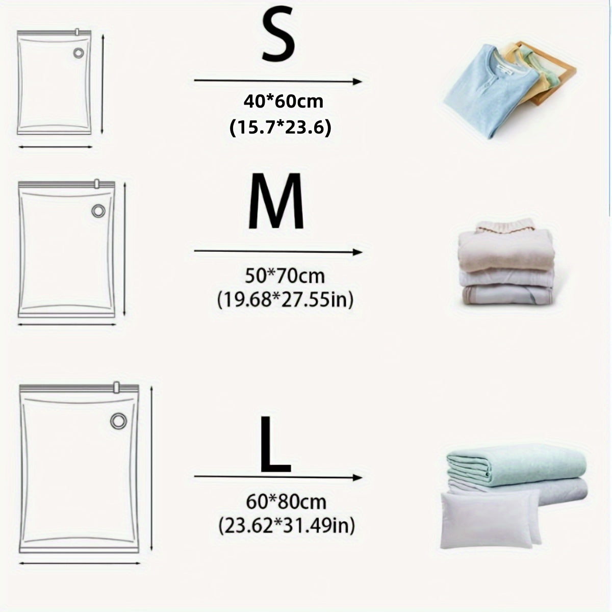 Large, medium, and small vacuum compression bags available in sizes of 3, 7, 9, and 11 pieces. Perfect for wholesale storage, seasonal clothing storage, quilt storage, and travel. A great helper for organizing your belongings with multiple size options.