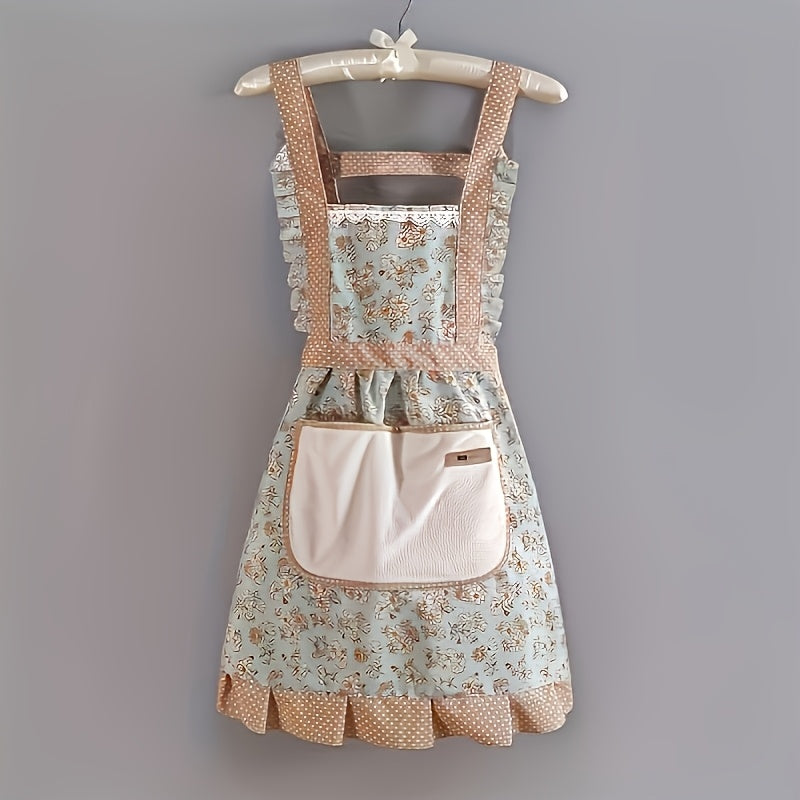 Waterproof floral lace apron with towel pocket; ideal for kitchen, living room, and bathroom.