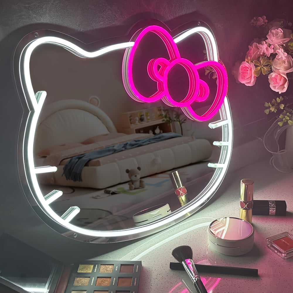 1pc USB-powered Hello Kitty Cartoon Oval LED Neon Light Mirror with dimmable plastic frame for various rooms - Glowing decor.