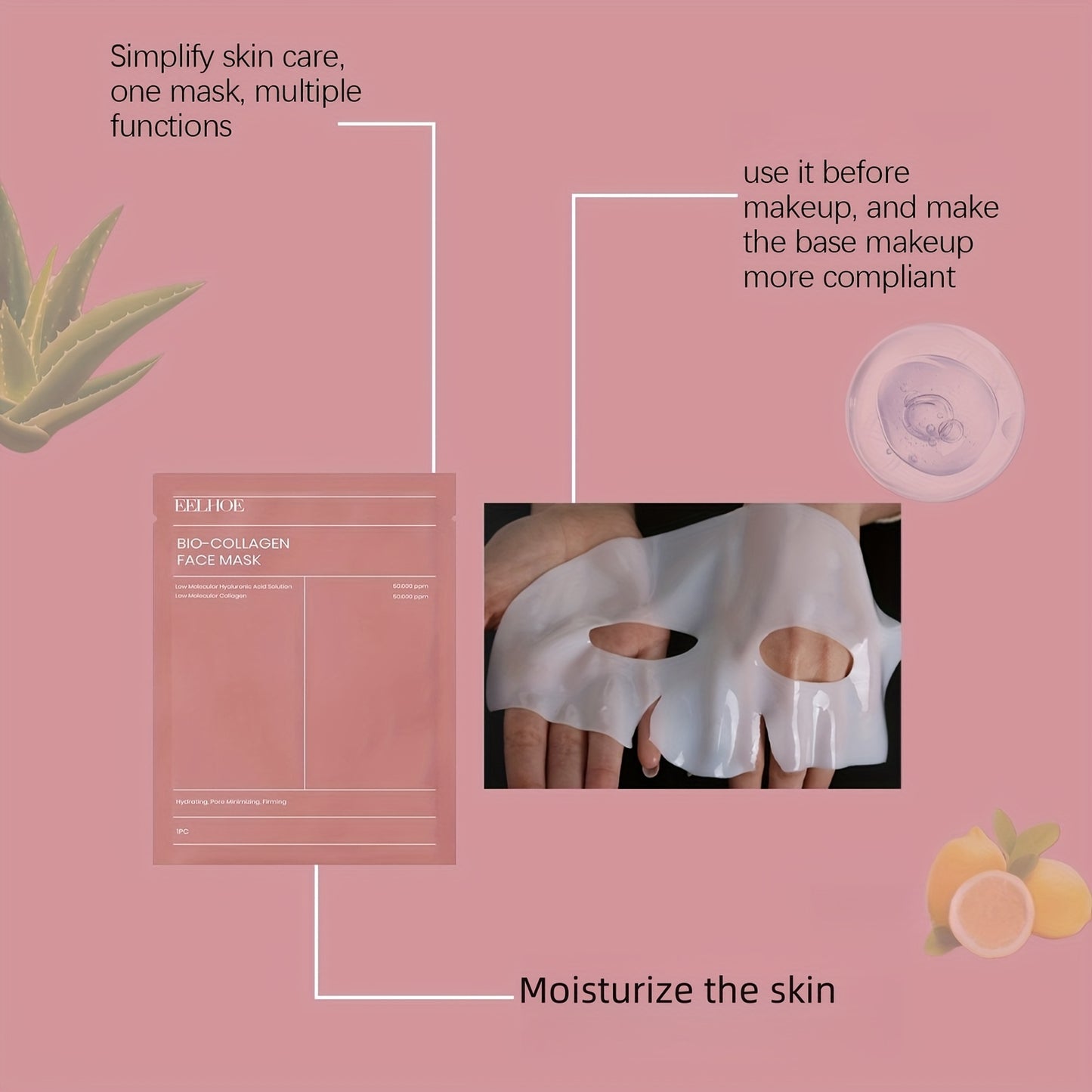 5-pack of collagen facial masks with hyaluronic acid and aloe, deeply moisturizing and alcohol-free. Suitable for all skin types, with a lemon scent.