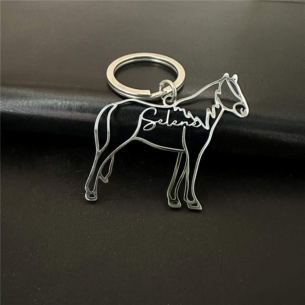 Personalized Stainless Steel Keychain with Horse Silhouette Engraving - Custom "Selena" Inscription, Elegant Animal Charm for Women, Perfect Gift for Pet Lovers, Decorative Key Ring with Round Metal Clasp