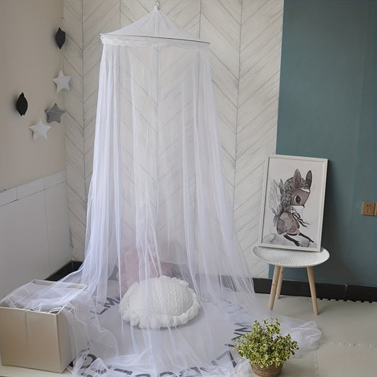 This black dome mosquito net features lace trim, a top and door ribbon, and ruffles. It is suitable for single, double, and queen beds, and makes a stylish addition to any bedroom decor. Made from polyester fabric weighing 200-250g, this net does not