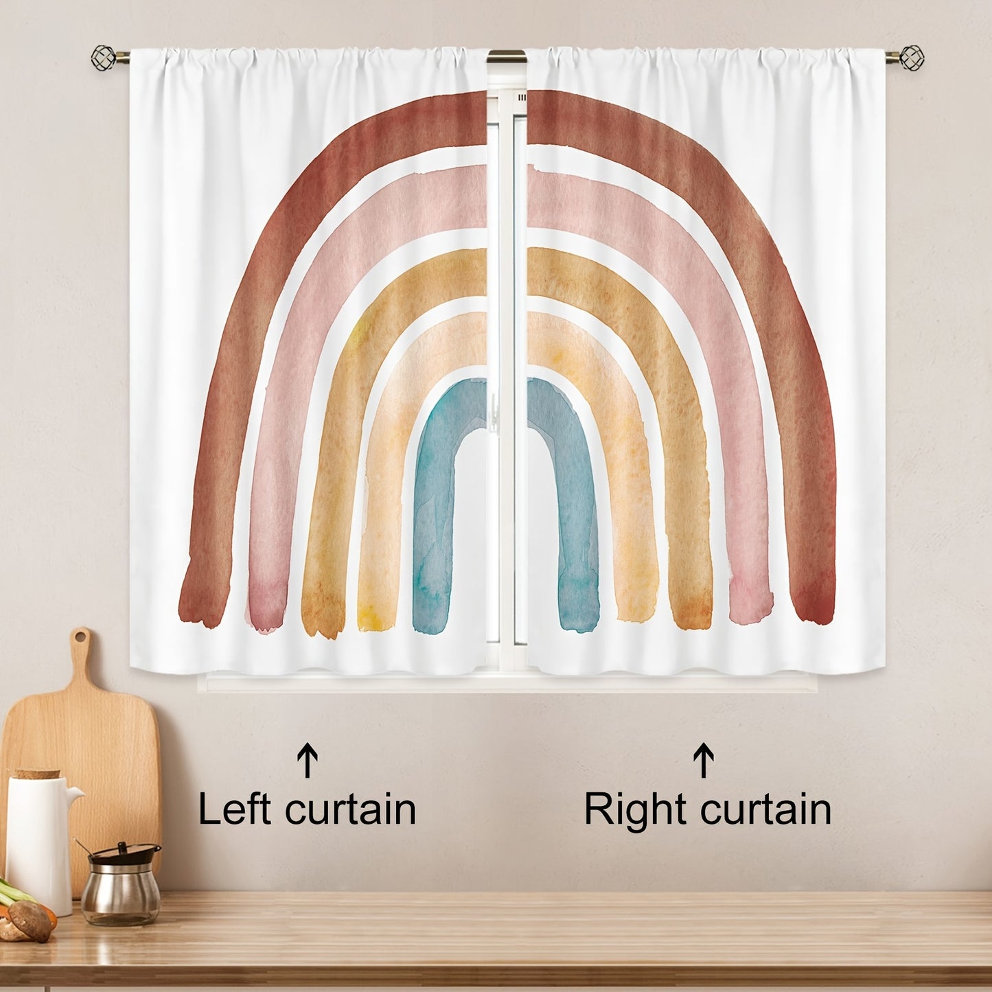 Polyester curtain with Bohemian Rainbow Cartoon design, 214cm x 160cm, 2 pieces.