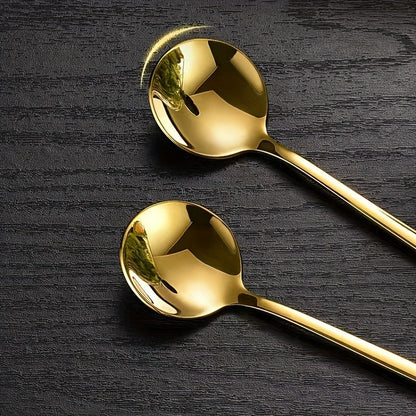 Set of 4 Stainless Steel Long-Handled Spoons - Ideal for Coffee, Milk, Ice Cream, and Honey - Beautiful Gold Finish, Small Round Design, Great for Mixing and Serving Cake