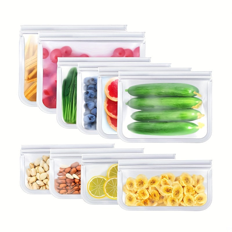 Dishwasher Safe Reusable Freezer Bags - Set of 10, BPA-free and Extra Thickened. Leakproof Silicone and Plastic Free Storage Bags for Meats, Cereal, Sandwiches, Snacks, and Organizing Your Kitchen. Includes Kitchen Accessories for Easy Storage.