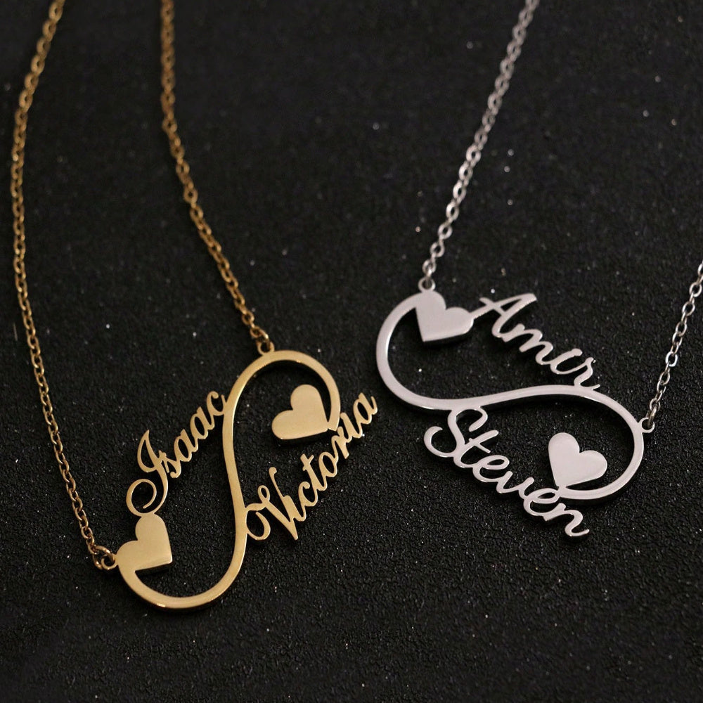 This one-of-a-kind necklace is personalized with two names and features an infinity design, making it perfect for women. Crafted from durable stainless steel, the necklace boasts a unique heart-shaped pendant. With its sleek silver chain, this necklace