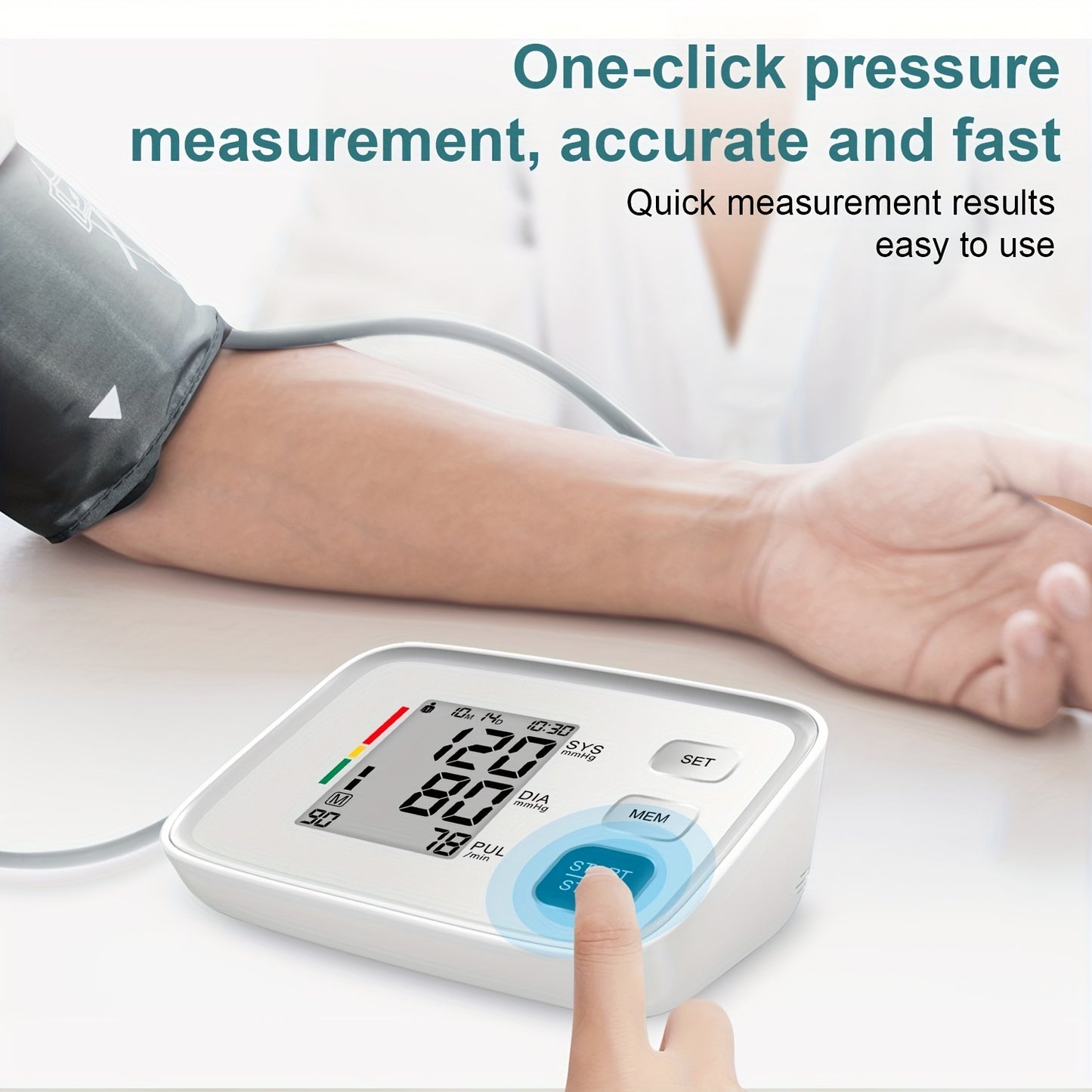 Digital home blood pressure monitor with automatic upper arm cuff that fits 22.1-43.18 cm.