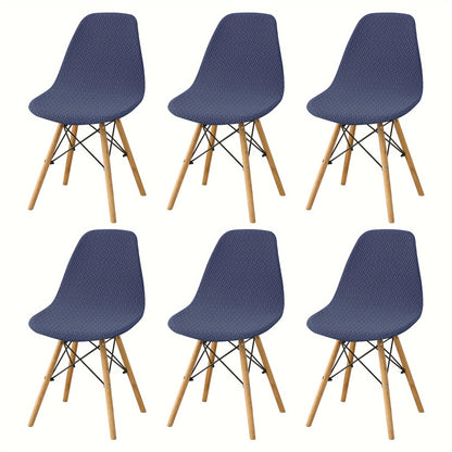 6 contemporary chair covers for dining chairs in a shell style, made from a stretchy polyester-spandex blend. Easy to clean in the washing machine with an elastic band closure and slipcover-grip design, perfect for home or hotel use.