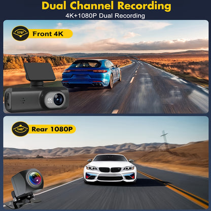 4K UHD front and 1080P rear dual dashcam with WiFi, hidden design, smart app control, super night vision, parking mode, G-sensor, loop recording, and free 32GB SD card.