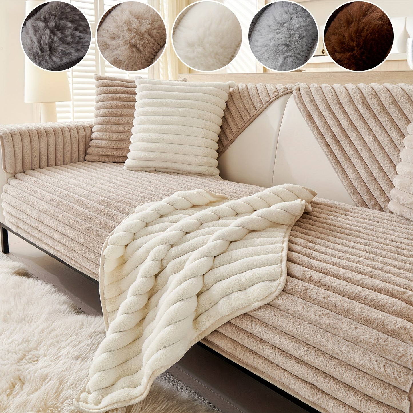 Machine washable modern plush sofa cover with faux rabbit fur design for all types of sofas, providing warmth and protection for pet owners.