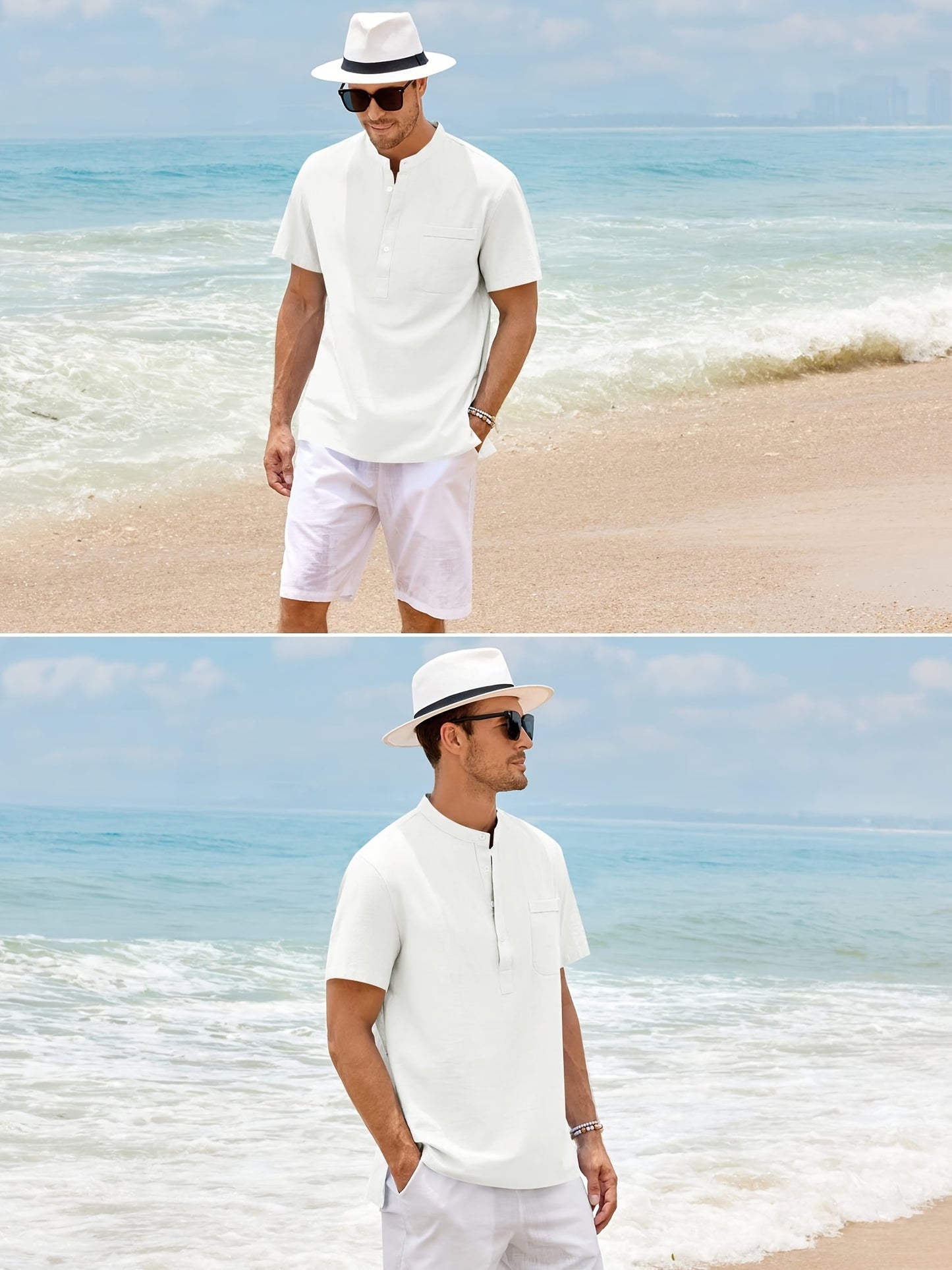 Men's loose fit cotton short sleeve shirt with stand collar and pocket, perfect for summer beach vacation.