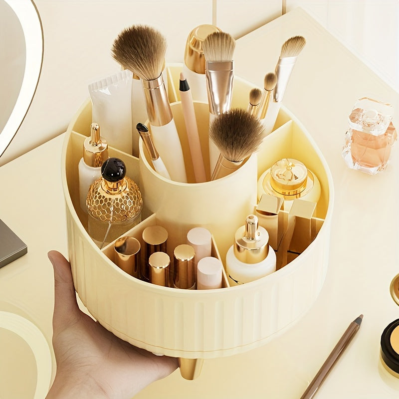 Rotating makeup organizer with large capacity for cosmetics, brushes, skincare, and office supplies. No installation needed, polished finish.