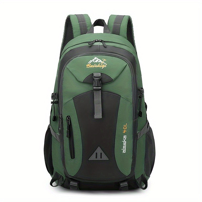 Multifunctional hiking backpack with 40L capacity, Oxford material, lightweight, adjustable shoulder straps, zip closure, polyester lining, embroidered detail, sports style, unisex for